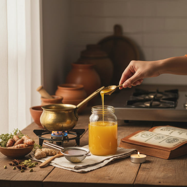 Illustration réaliste sur Ghee : bienfaits, cuisine et Ayurveda (48 caractères)
