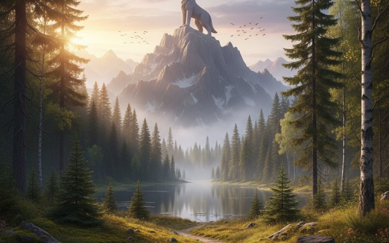 Un paysage naturel avec un animal totem symbolique en arrière-plan.