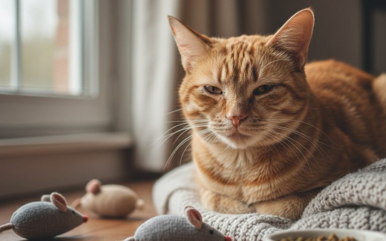 Chat montrant des signes de coryza avec écoulements nasaux et oculaires dans un cadre domestique.