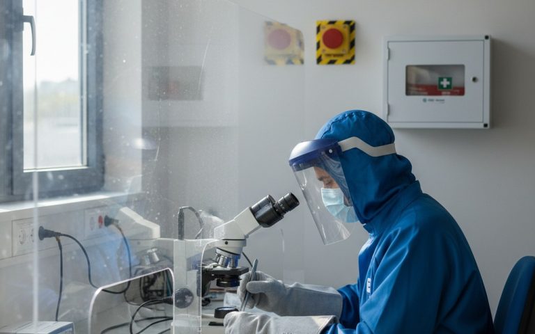 Un professionnel utilisant des outils de précision dans un environnement de travail sécurisé