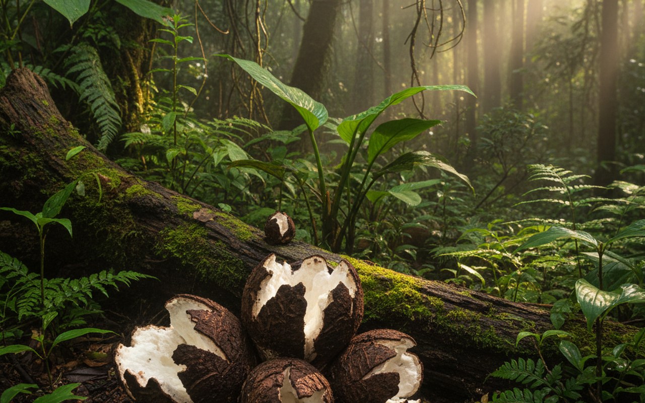 Champignon Lignosus rhinocerotis dans son habitat naturel en forêt tropicale.