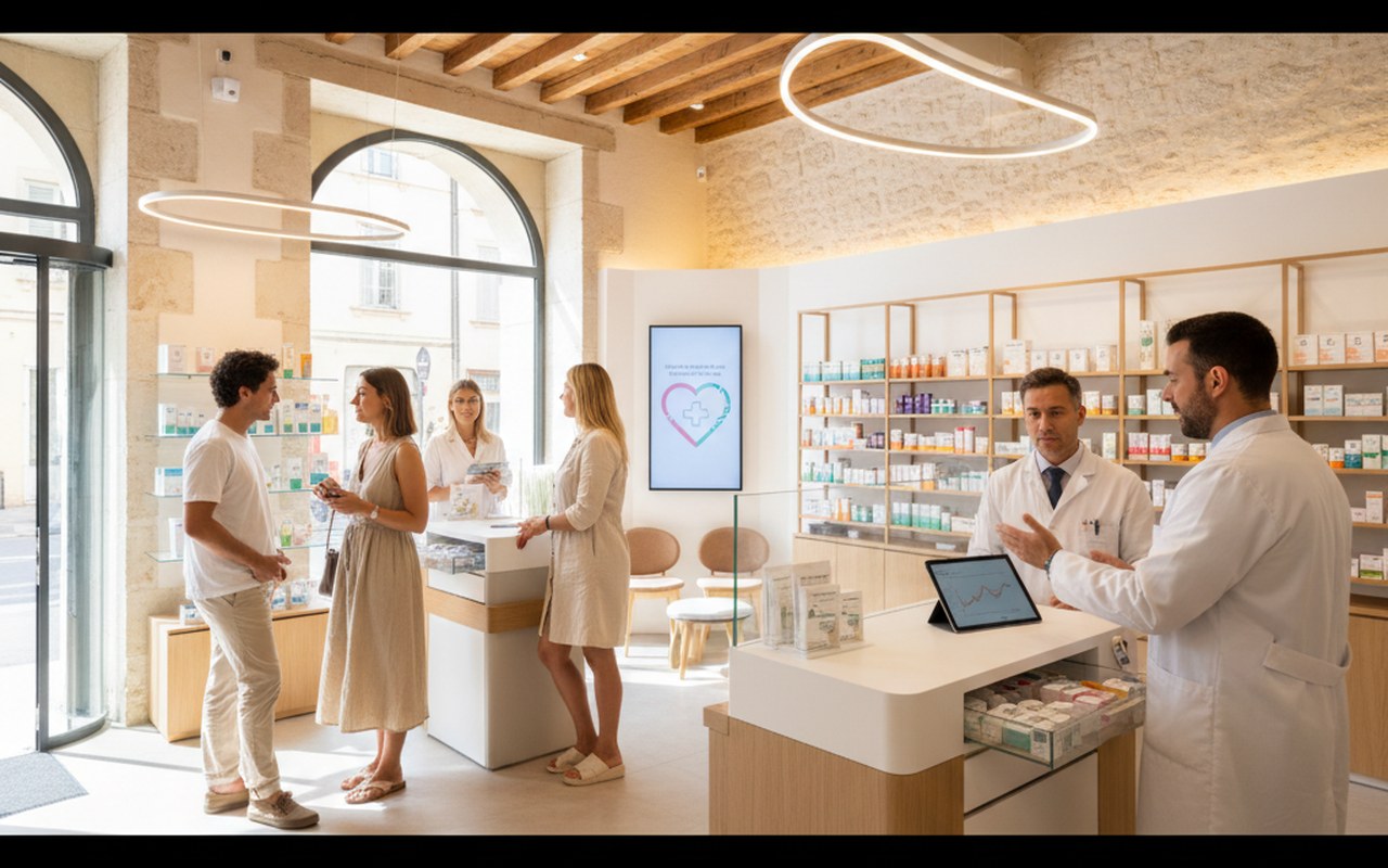 Pharmacie moderne à Antibes offrant divers services de santé.