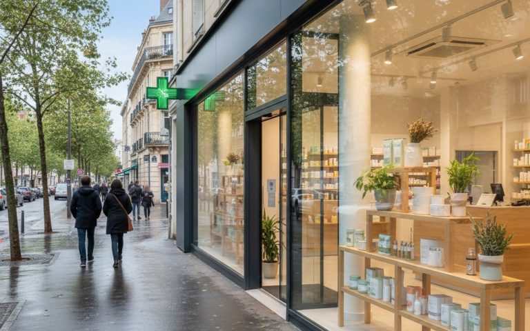Pharmacie moderne à Chilly-Mazarin avec une vitrine accueillante et des produits de santé visibles.