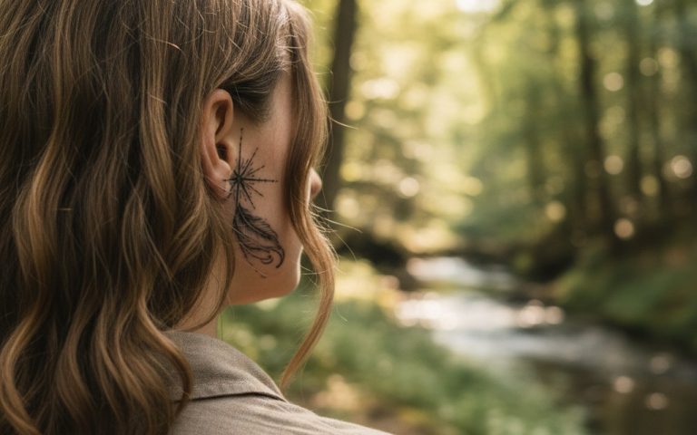 Tatouage symbolique derrière l'oreille dans un cadre naturel.