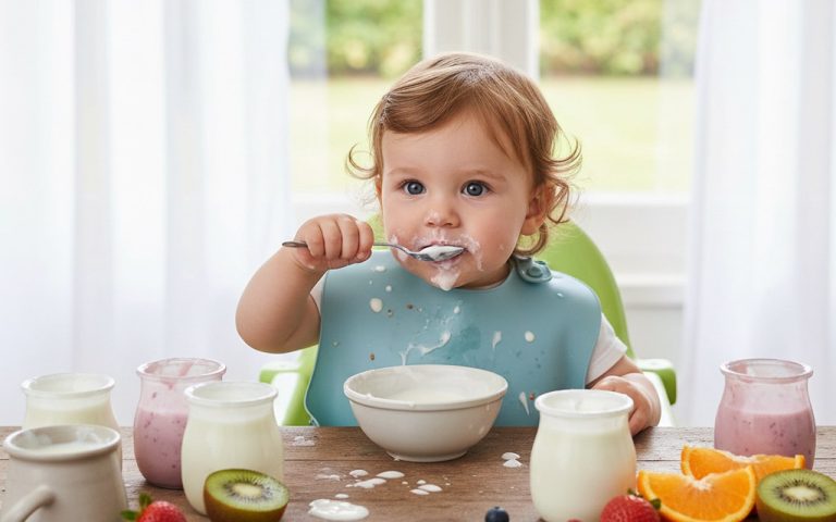 Bébé goûtant un yaourt sans lactose avec des fruits frais autour.