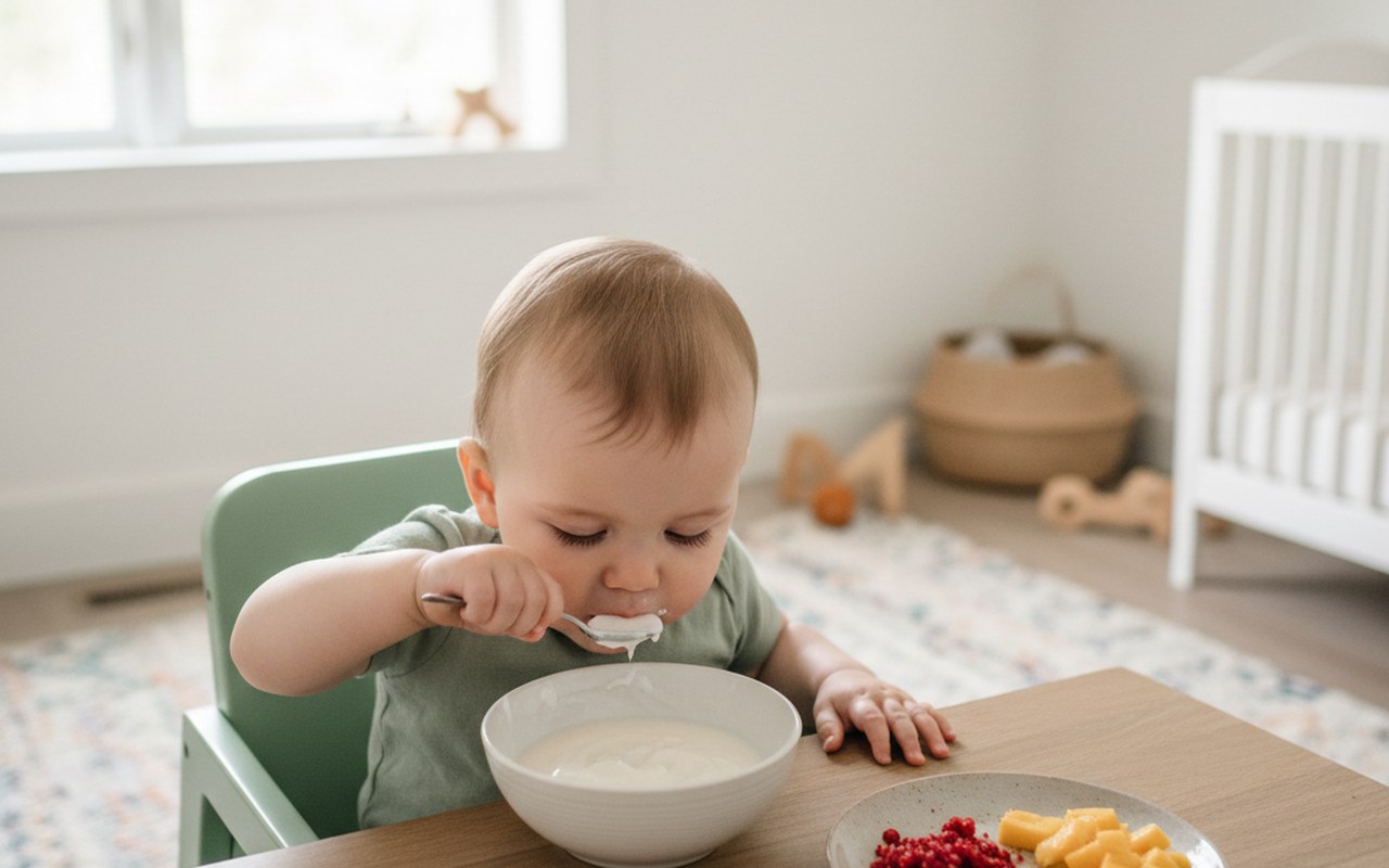Bébé goûtant un yaourt végétal avec des fruits écrasés, moment d'alimentation saine.
